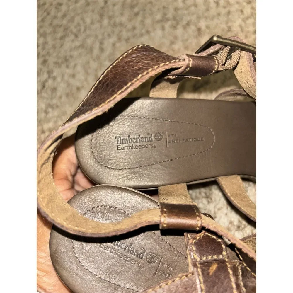 Timberland Earthkeepers Danforth Brown Wedge Leather Sandals Size 9 Anti-Fatigue